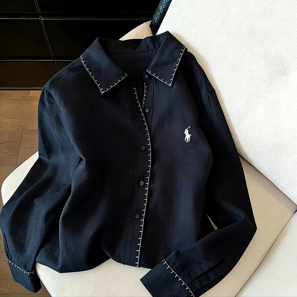Black Contrast Stitch Logo Embroidered Shirt